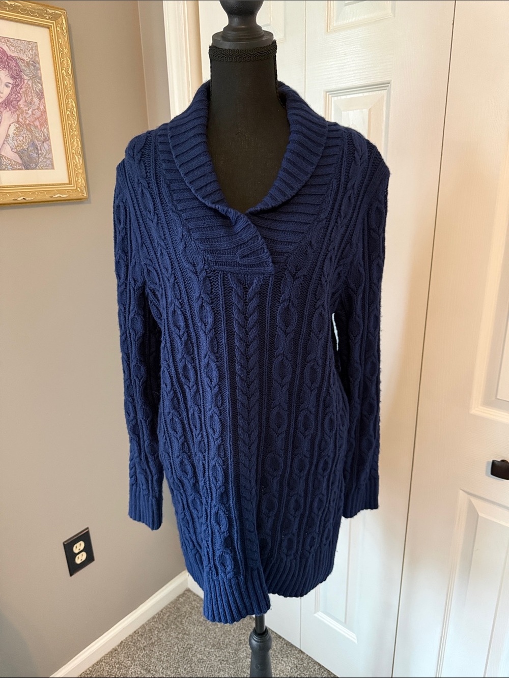 Lands' End Navy Cable-Knit Shawl Collar Sweater Tunic